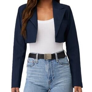Good American Women's Pinstripe Cropped Blazer Navy Blue Size S